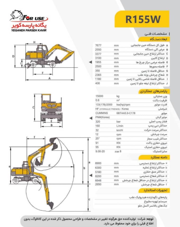 ابعاد بیل مکانیکی چرخ لاستیکی فوریزو 15 تن | ایران سانی